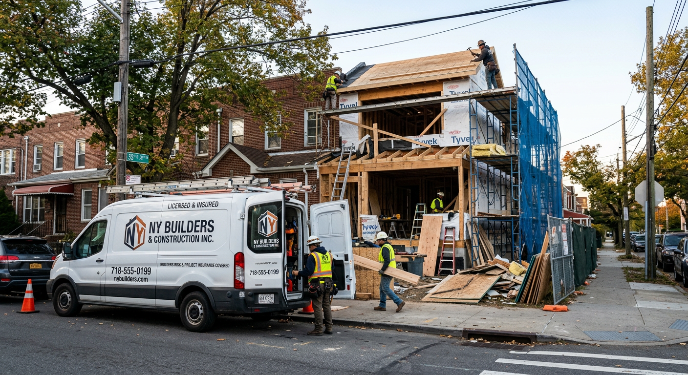 NY Construction Site and Builders Repairing Home Structure