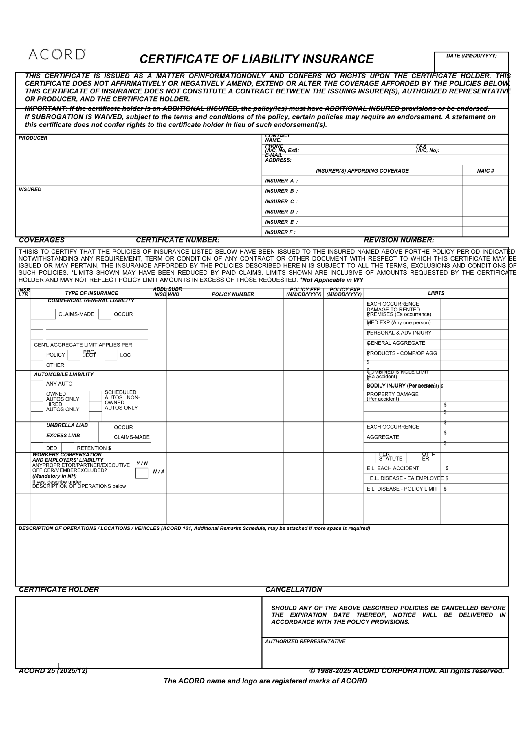Sample COI ACORD 25